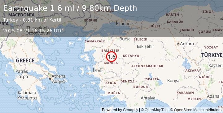 Earthquake WESTERN TURKEY (1.6 ml) (2025-08-21 16:15:26 UTC)