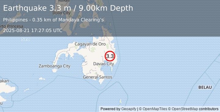 Earthquake MINDANAO, PHILIPPINES (3.9 m) (2025-08-21 17:26:25 UTC)