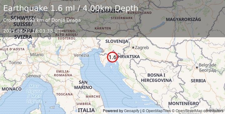 Earthquake CROATIA (1.6 ml) (2025-08-21 18:03:38 UTC)