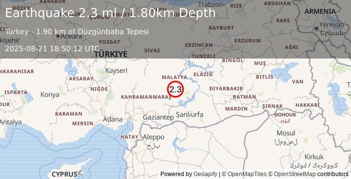 Earthquake EASTERN TURKEY (2.4 ml) (2025-08-21 18:50:13 UTC)