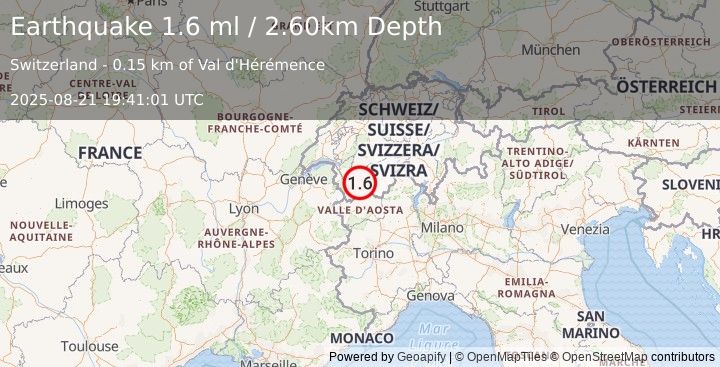 Earthquake SWITZERLAND (1.6 ml) (2025-08-21 19:41:01 UTC)