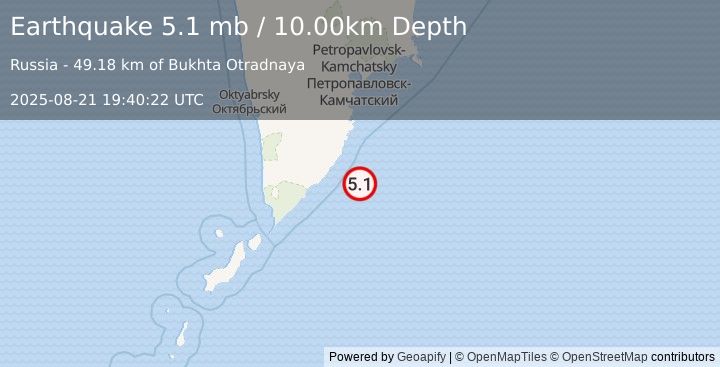 Earthquake OFF EAST COAST OF KAMCHATKA (4.9 mb) (2025-08-21 19:40:18 UTC)