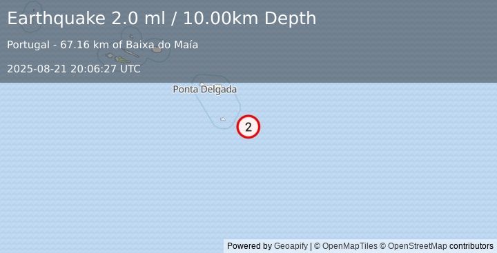 Earthquake AZORES ISLANDS REGION (2.0 ml) (2025-08-21 20:06:27 UTC)