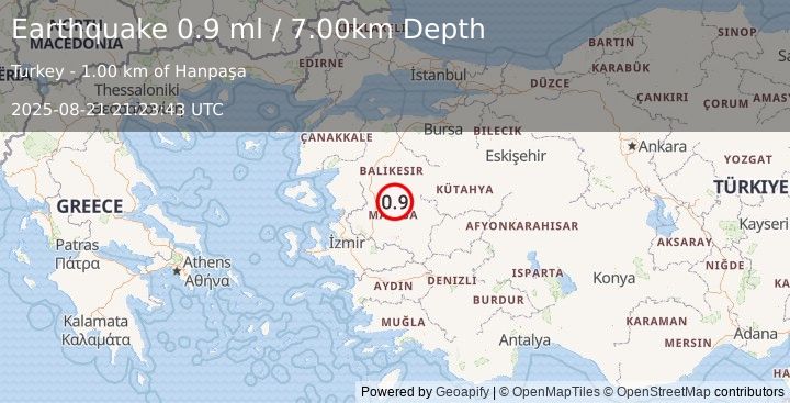 Earthquake WESTERN TURKEY (0.9 ml) (2025-08-21 21:23:43 UTC)