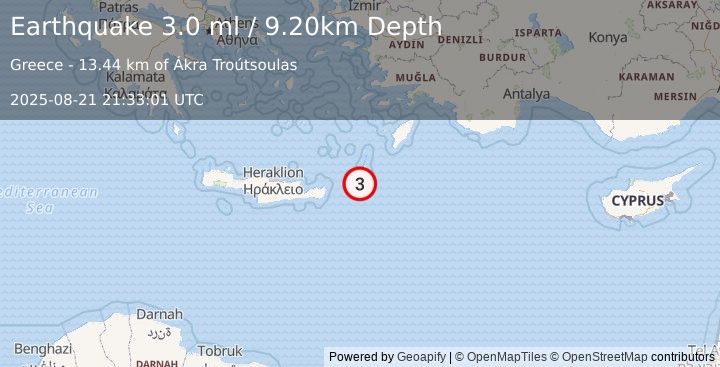 Earthquake DODECANESE ISLANDS, GREECE (3.0 ml) (2025-08-21 21:33:01 UTC)
