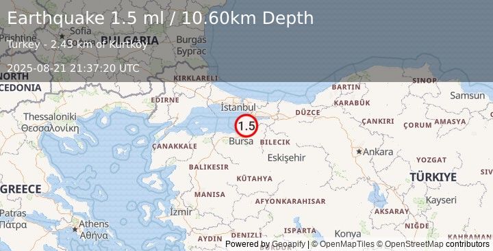 Earthquake WESTERN TURKEY (1.5 ml) (2025-08-21 21:37:20 UTC)