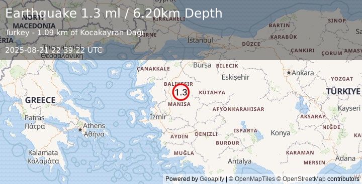 Earthquake WESTERN TURKEY (1.3 ml) (2025-08-21 22:39:22 UTC)