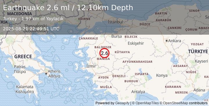 Earthquake WESTERN TURKEY (2.6 ml) (2025-08-21 22:49:51 UTC)