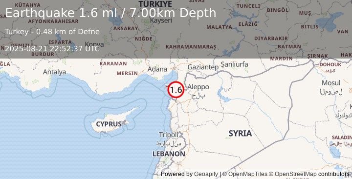 Earthquake TURKEY-SYRIA BORDER REGION (1.6 ml) (2025-08-21 22:52:37 UTC)