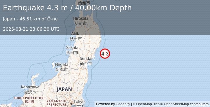 Earthquake NEAR EAST COAST OF HONSHU, JAPAN (4.3 m) (2025-08-21 23:06:30 UTC)