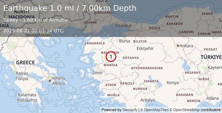 Earthquake WESTERN TURKEY (1.0 ml) (2025-08-22 00:03:34 UTC)