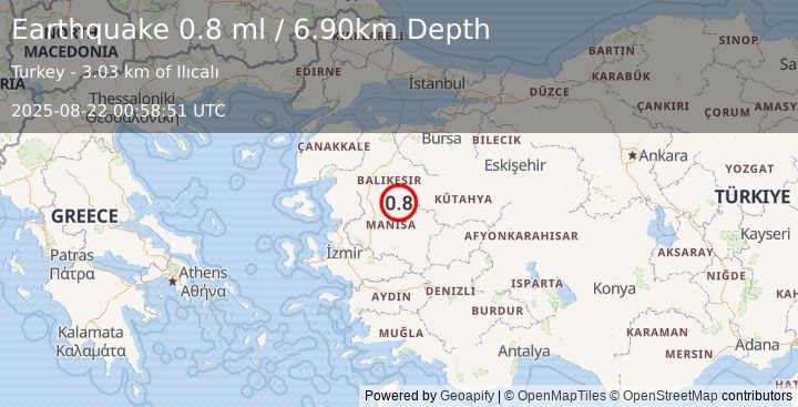 Earthquake WESTERN TURKEY (0.8 ml) (2025-08-22 00:58:51 UTC)