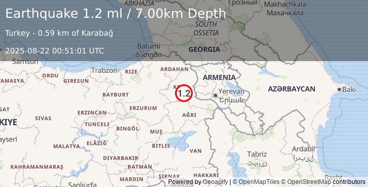 Earthquake EASTERN TURKEY (1.2 ml) (2025-08-22 00:51:01 UTC)
