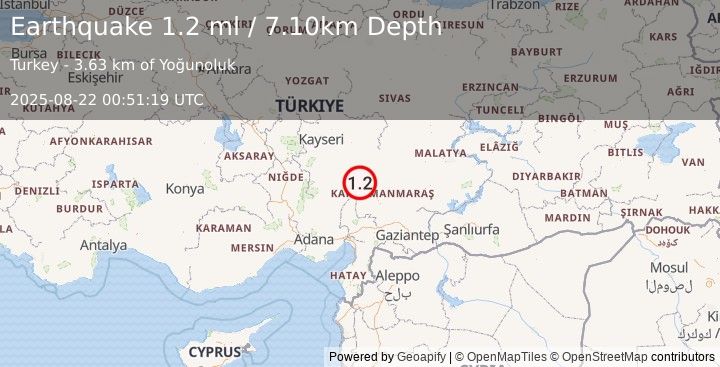 Earthquake CENTRAL TURKEY (1.2 ml) (2025-08-22 00:51:19 UTC)
