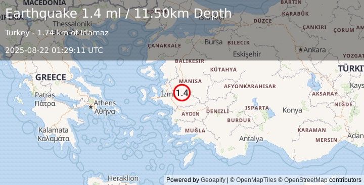 Earthquake WESTERN TURKEY (1.4 ml) (2025-08-22 01:29:11 UTC)