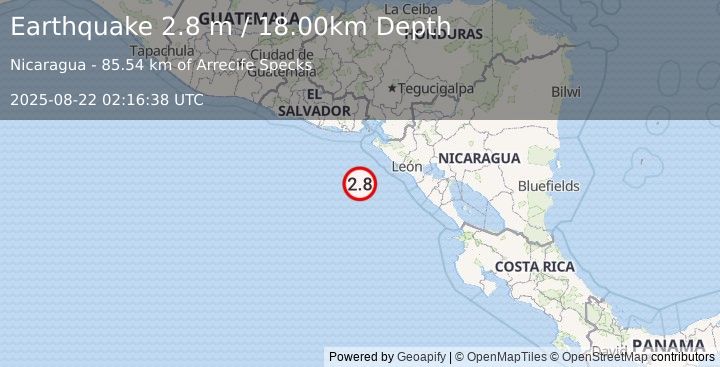 Earthquake NEAR COAST OF NICARAGUA (2.8 m) (2025-08-22 02:16:38 UTC)