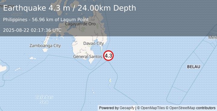 Earthquake MINDANAO, PHILIPPINES (4.3 m) (2025-08-22 02:17:36 UTC)