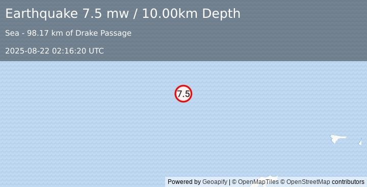 Earthquake DRAKE PASSAGE (7.5 mw) (2025-08-22 02:16:20 UTC)