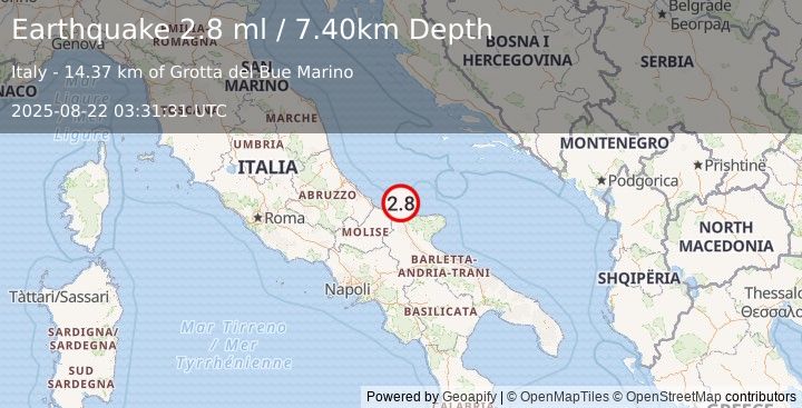 Earthquake ADRIATIC SEA (2.8 ml) (2025-08-22 03:31:31 UTC)