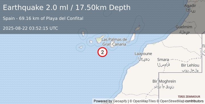 Earthquake CANARY ISLANDS, SPAIN REGION (2.0 ml) (2025-08-22 03:52:15 UTC)