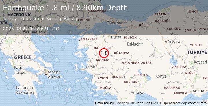 Earthquake WESTERN TURKEY (1.8 ml) (2025-08-22 04:20:21 UTC)