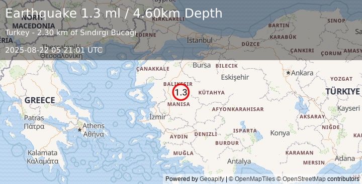 Earthquake WESTERN TURKEY (1.3 ml) (2025-08-22 05:21:01 UTC)