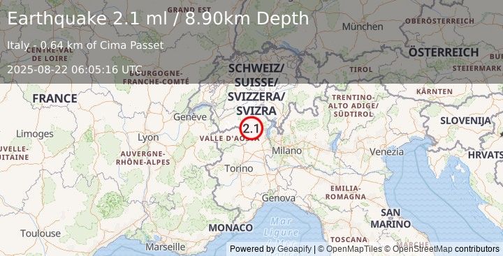 Earthquake NORTHERN ITALY (2.1 ml) (2025-08-22 06:05:16 UTC)