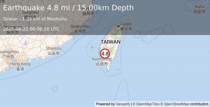 Earthquake TAIWAN (5.0 ml) (2025-08-22 06:06:15 UTC)