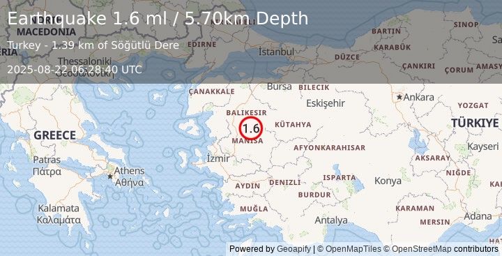 Earthquake WESTERN TURKEY (1.6 ml) (2025-08-22 06:28:40 UTC)