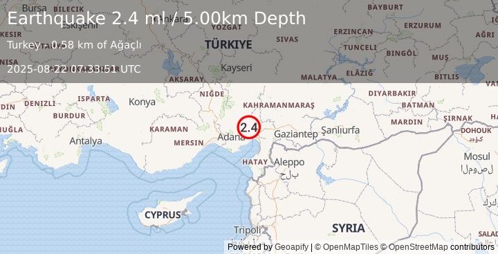 Earthquake CENTRAL TURKEY (2.4 ml) (2025-08-22 07:33:51 UTC)