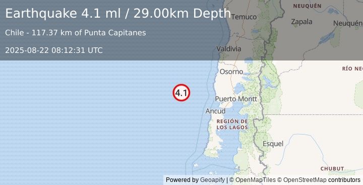 Earthquake OFFSHORE LOS LAGOS, CHILE (4.1 ml) (2025-08-22 08:12:32 UTC)