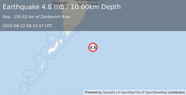 Earthquake EAST OF KURIL ISLANDS (4.8 mb) (2025-08-22 08:15:57 UTC)
