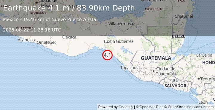 Earthquake OFFSHORE CHIAPAS, MEXICO (4.1 m) (2025-08-22 11:28:18 UTC)