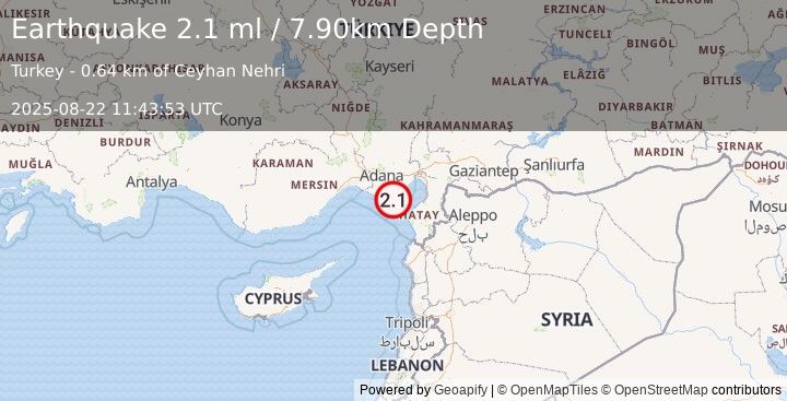 Earthquake CENTRAL TURKEY (2.1 ml) (2025-08-22 11:43:53 UTC)