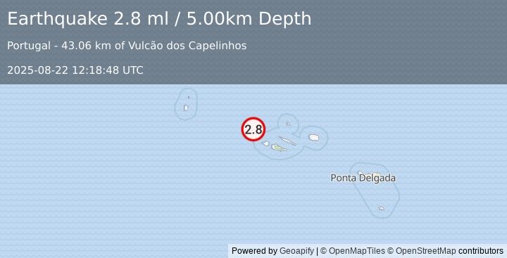 Earthquake AZORES ISLANDS, PORTUGAL (2.8 ml) (2025-08-22 12:18:48 UTC)