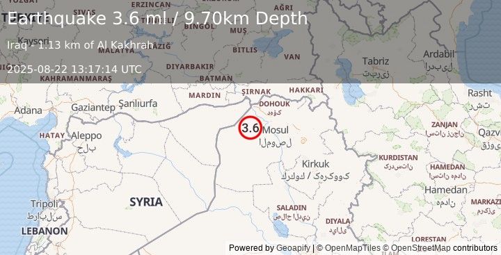 Earthquake IRAQ (3.6 ml) (2025-08-22 13:17:14 UTC)