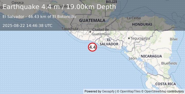 Earthquake OFFSHORE EL SALVADOR (4.4 m) (2025-08-22 14:46:38 UTC)