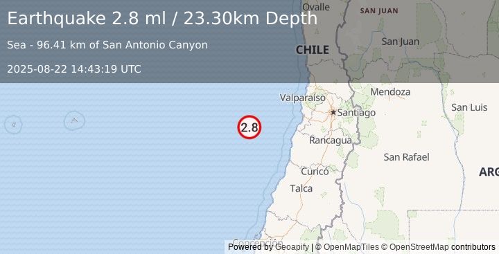 Earthquake OFF COAST OF VALPARAISO, CHILE (2.8 ml) (2025-08-22 14:43:19 UTC)
