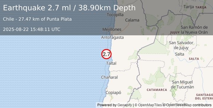 Earthquake OFFSHORE ANTOFAGASTA, CHILE (2.7 ml) (2025-08-22 15:48:11 UTC)