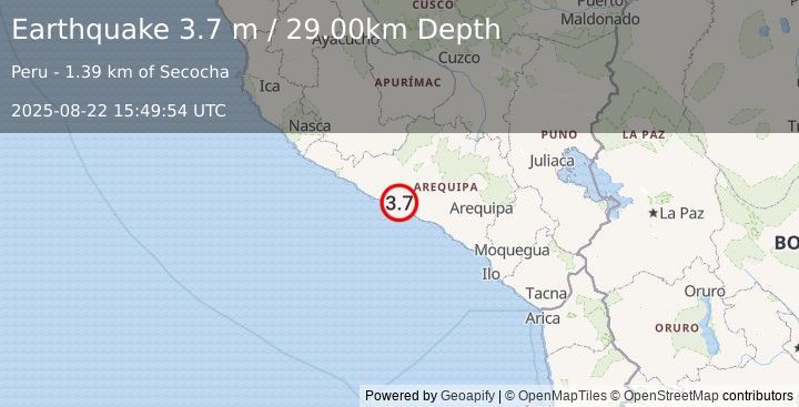 Earthquake NEAR COAST OF SOUTHERN PERU (3.7 m) (2025-08-22 15:49:54 UTC)