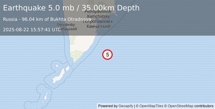 Earthquake OFF EAST COAST OF KAMCHATKA (4.9 mb) (2025-08-22 15:57:36 UTC)