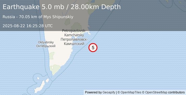 Earthquake OFF EAST COAST OF KAMCHATKA (4.8 mb) (2025-08-22 16:25:25 UTC)