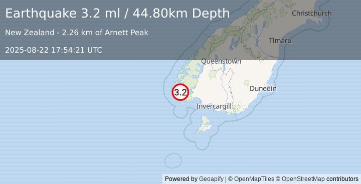 Earthquake OFF W. COAST OF S. ISLAND, N.Z. (3.2 ml) (2025-08-22 17:54:21 UTC)