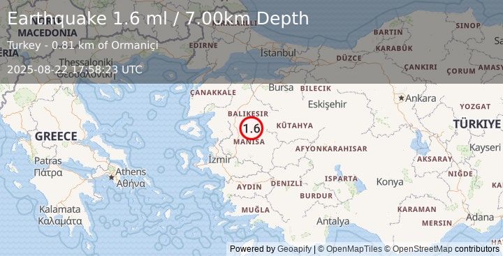 Earthquake WESTERN TURKEY (1.6 ml) (2025-08-22 17:58:23 UTC)