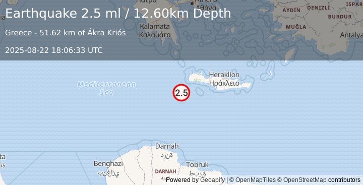 Earthquake CRETE, GREECE (2.5 ml) (2025-08-22 18:06:33 UTC)