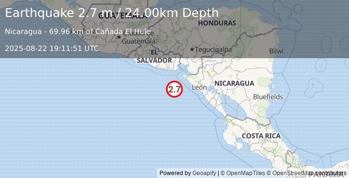 Earthquake NEAR COAST OF NICARAGUA (2.7 m) (2025-08-22 19:11:51 UTC)