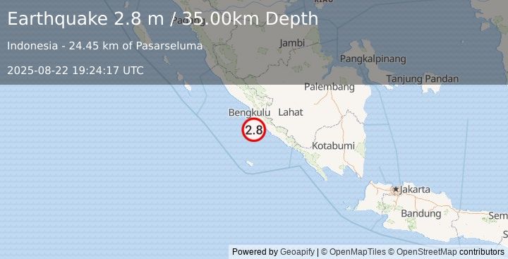 Earthquake SOUTHERN SUMATRA, INDONESIA (2.8 m) (2025-08-22 19:24:17 UTC)