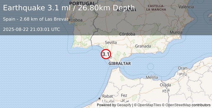 Earthquake STRAIT OF GIBRALTAR (3.1 ml) (2025-08-22 21:03:01 UTC)