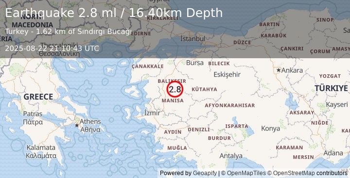 Earthquake WESTERN TURKEY (2.8 ml) (2025-08-22 21:10:43 UTC)