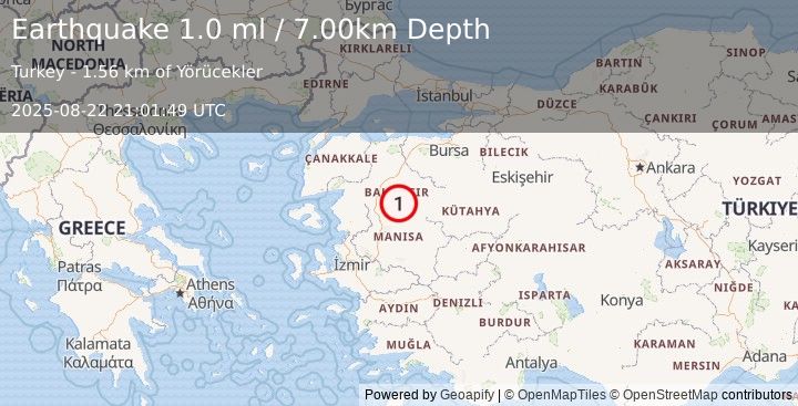 Earthquake WESTERN TURKEY (1.0 ml) (2025-08-22 21:01:49 UTC)